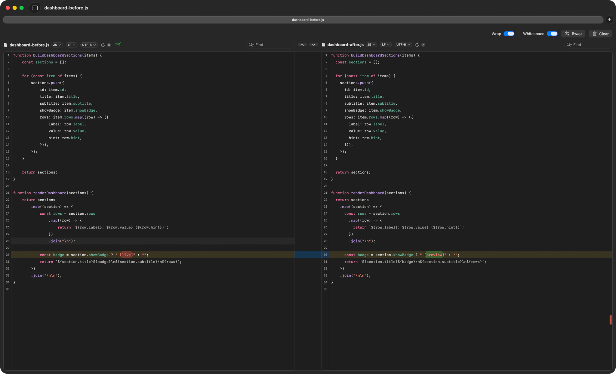 RibbonDiff at-a-glance screenshot showing the Whitespace control in the toolbar.