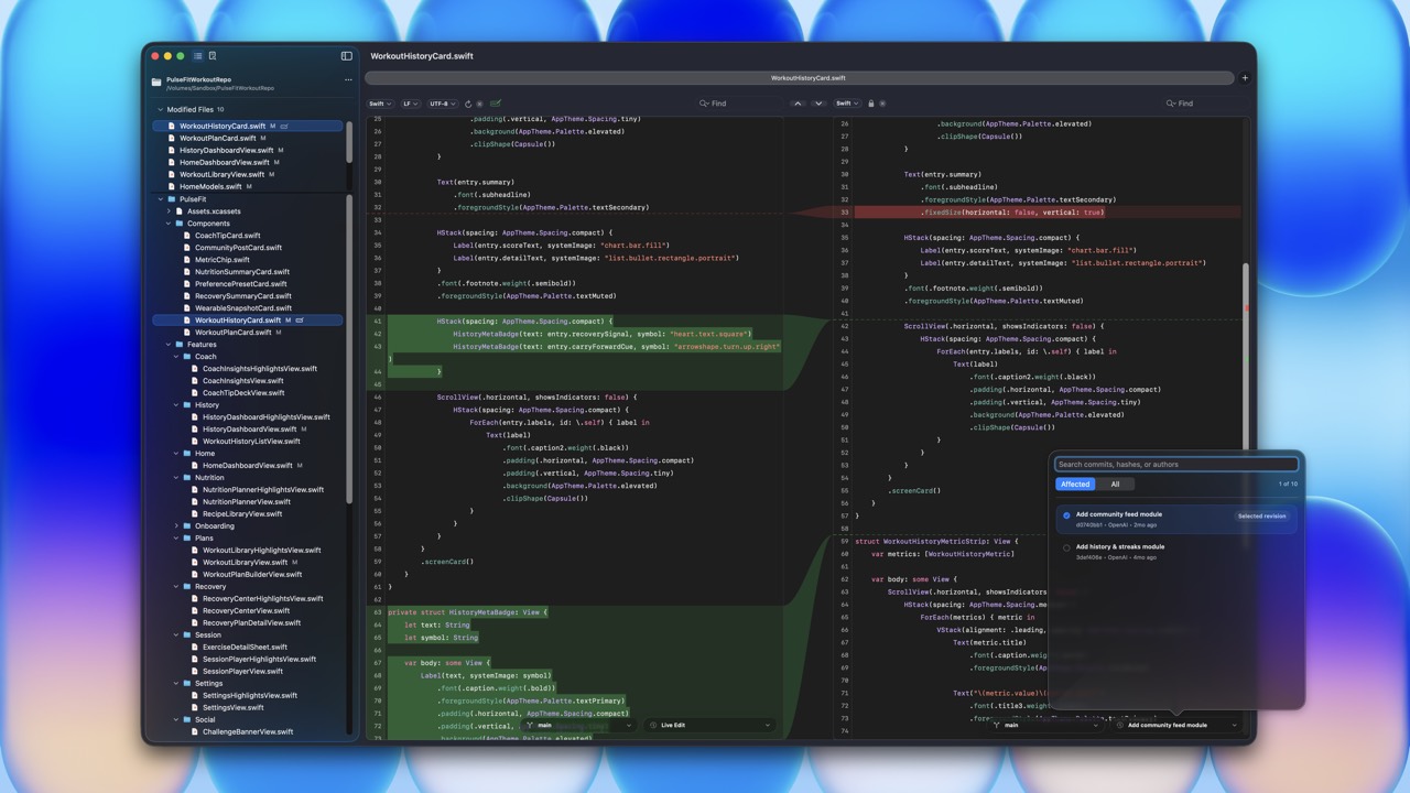 RibbonDiff dark blue screenshot showing a side-by-side Swift diff, Workspace sidebar, and Version History popover