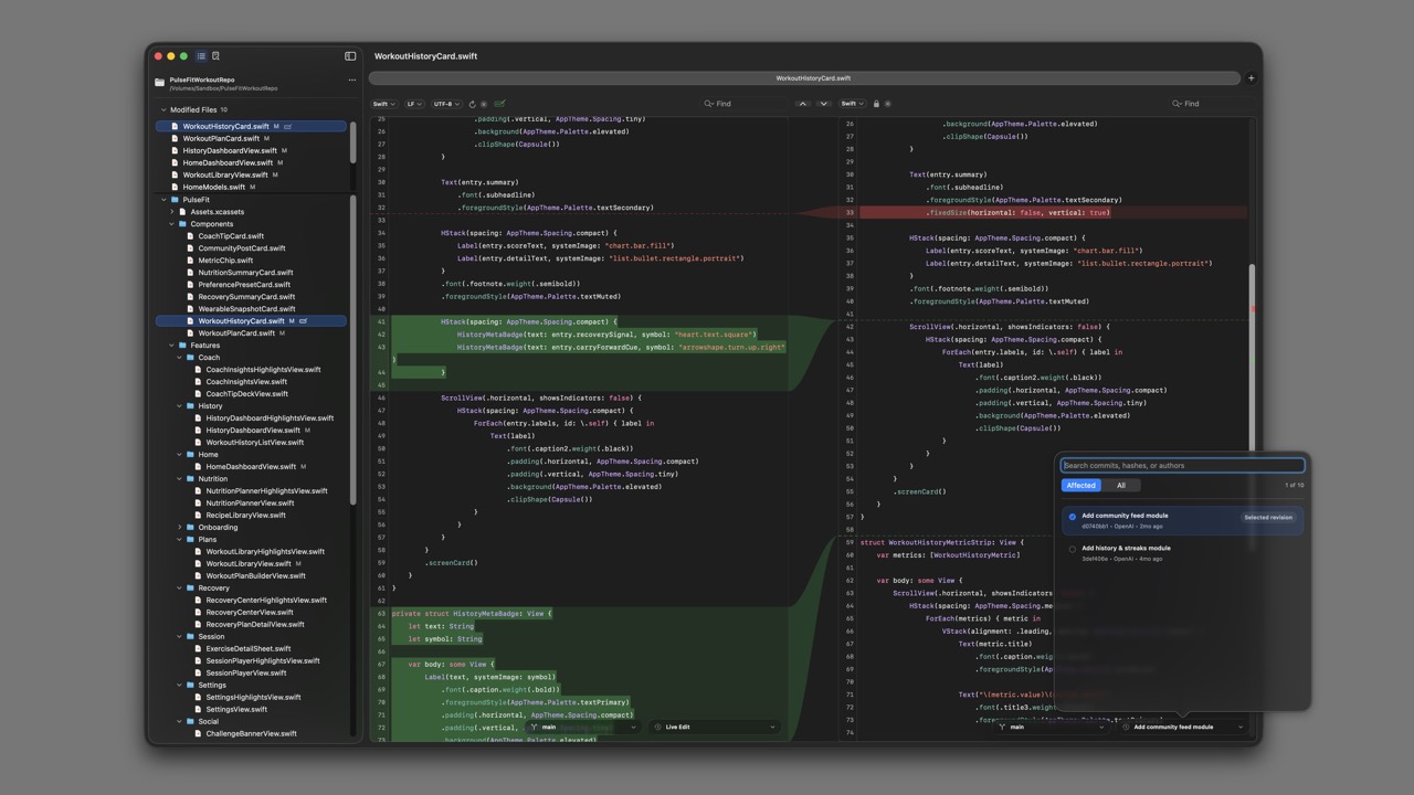 RibbonDiff dark theme screenshot on gray background