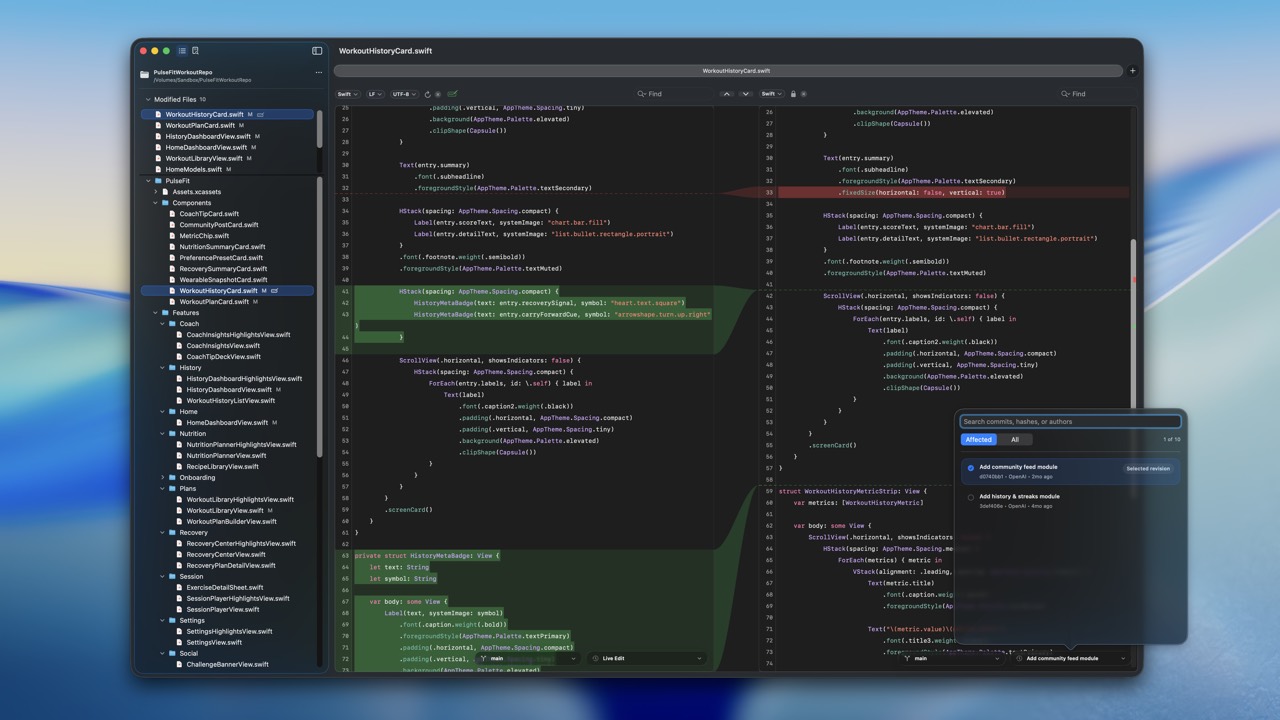 RibbonDiff dark theme screenshot on light Tahoe background