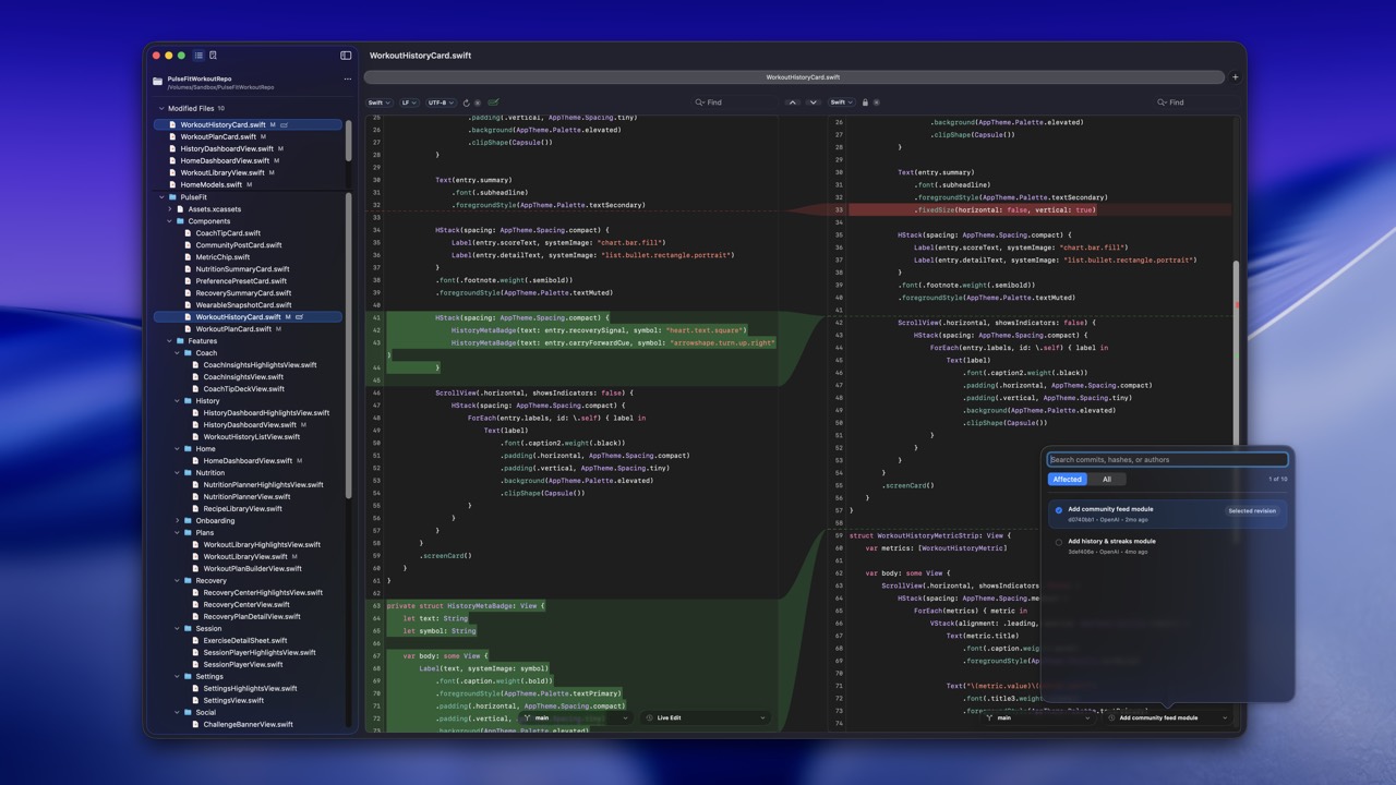 RibbonDiff dark theme screenshot on Tahoe background