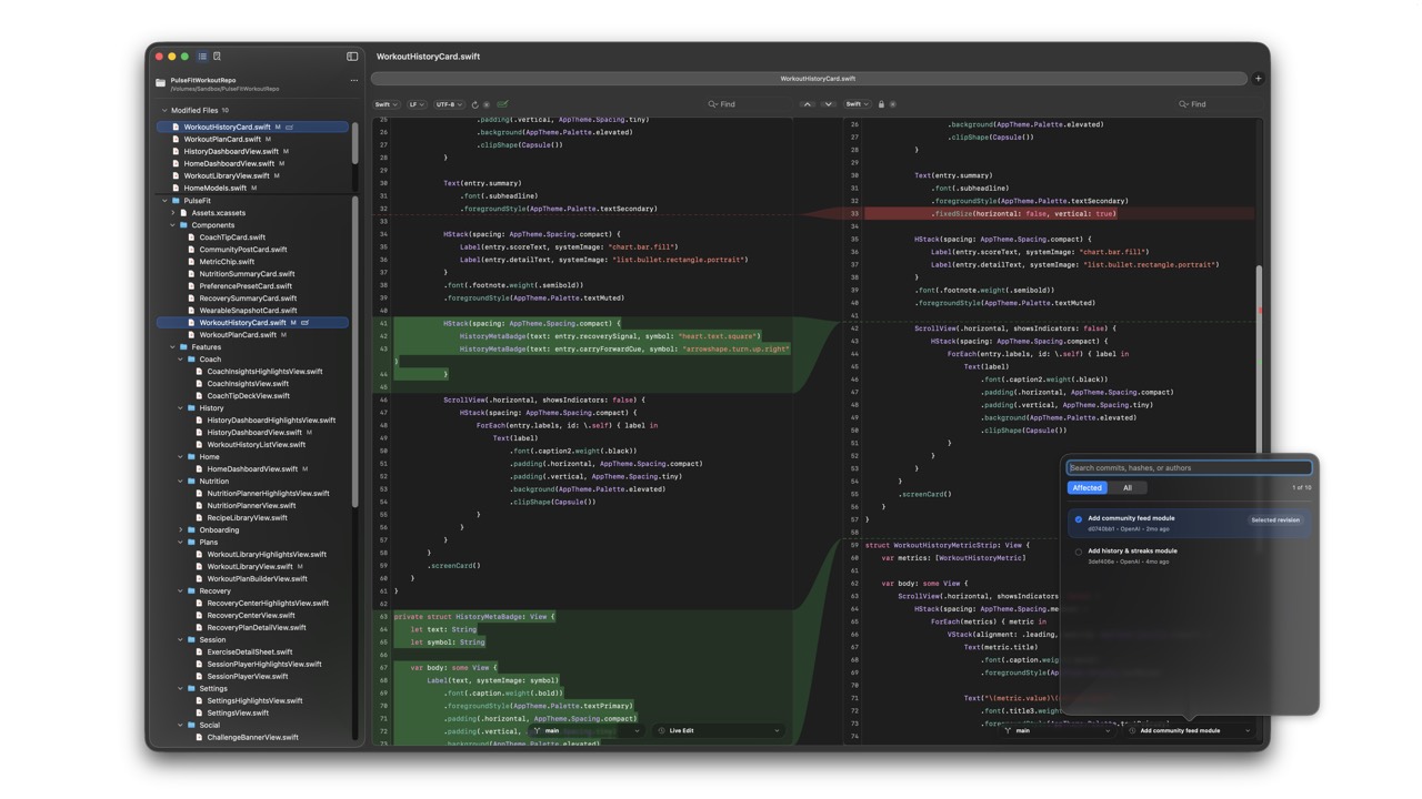 RibbonDiff dark theme screenshot on white background