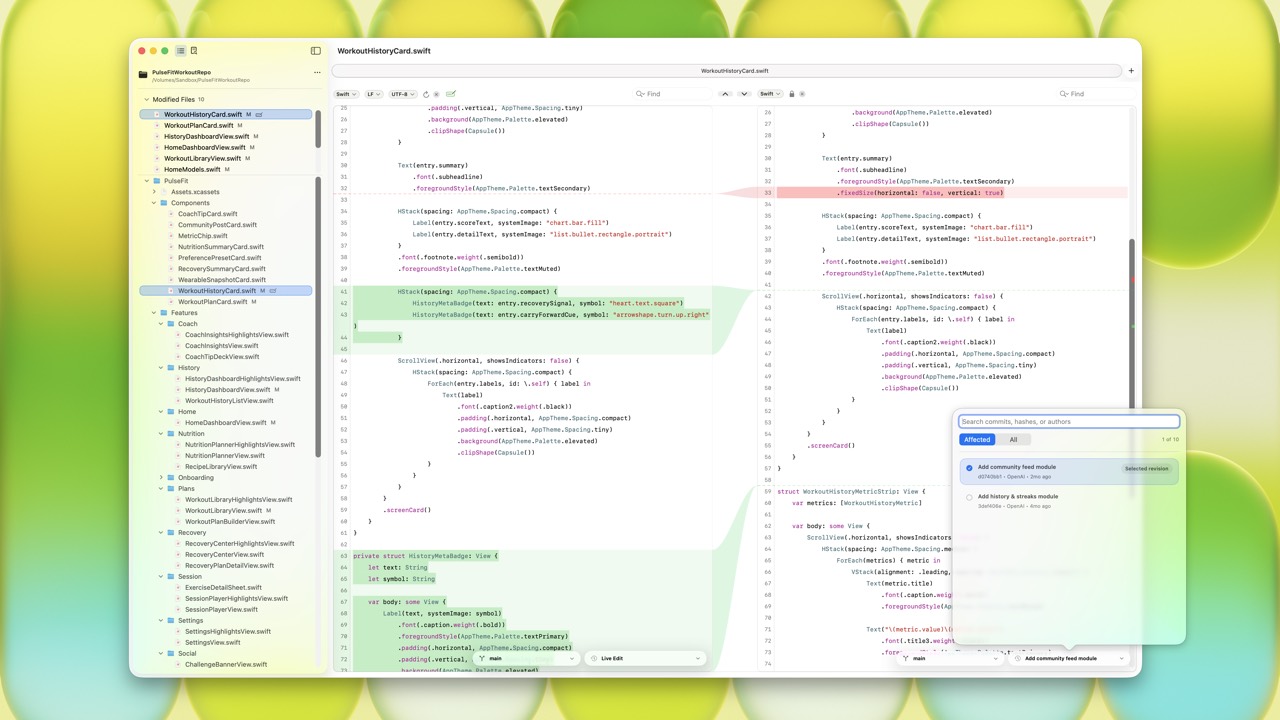 RibbonDiff main window showing side-by-side diff