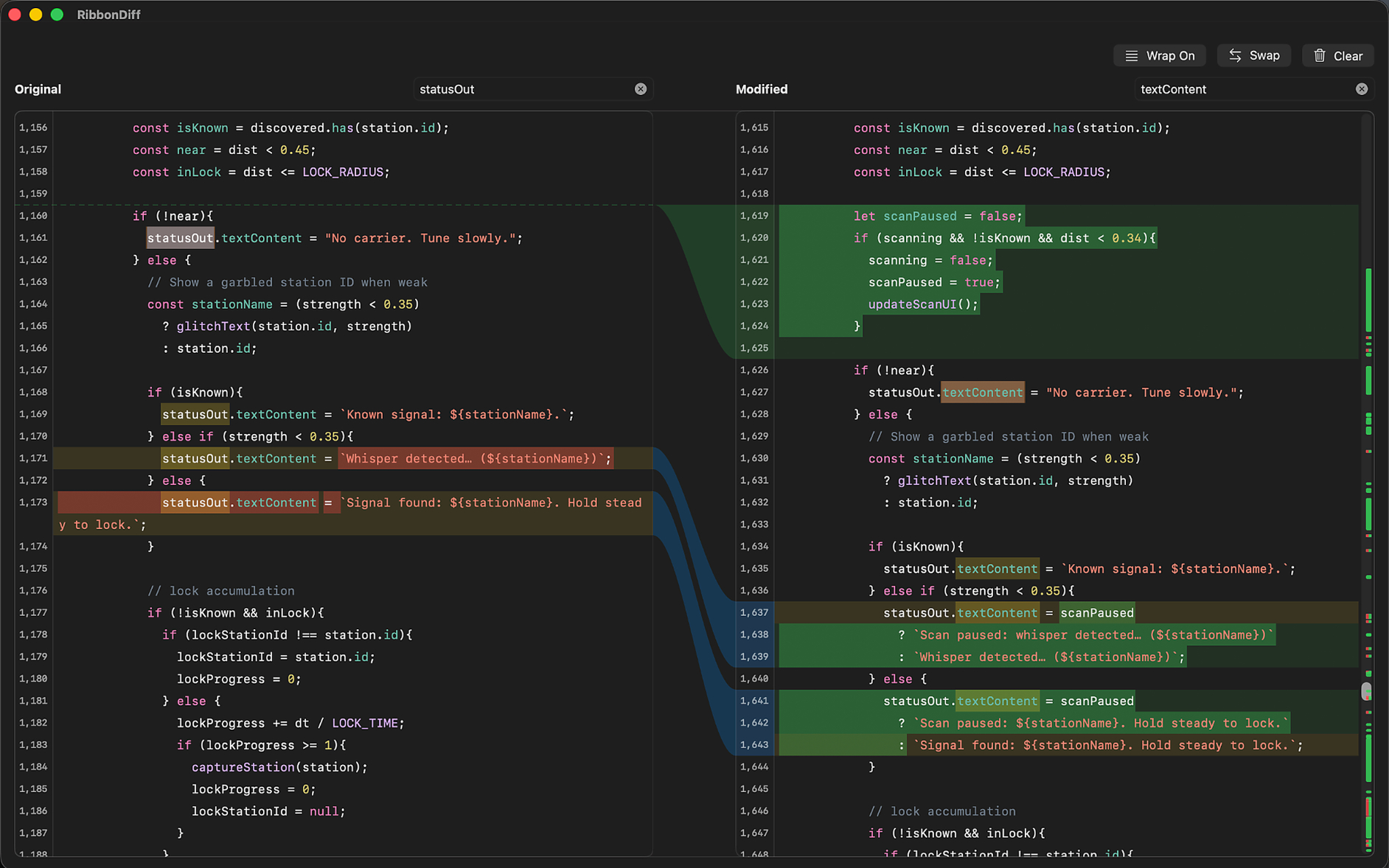 RibbonDiff main window showing side-by-side diff
