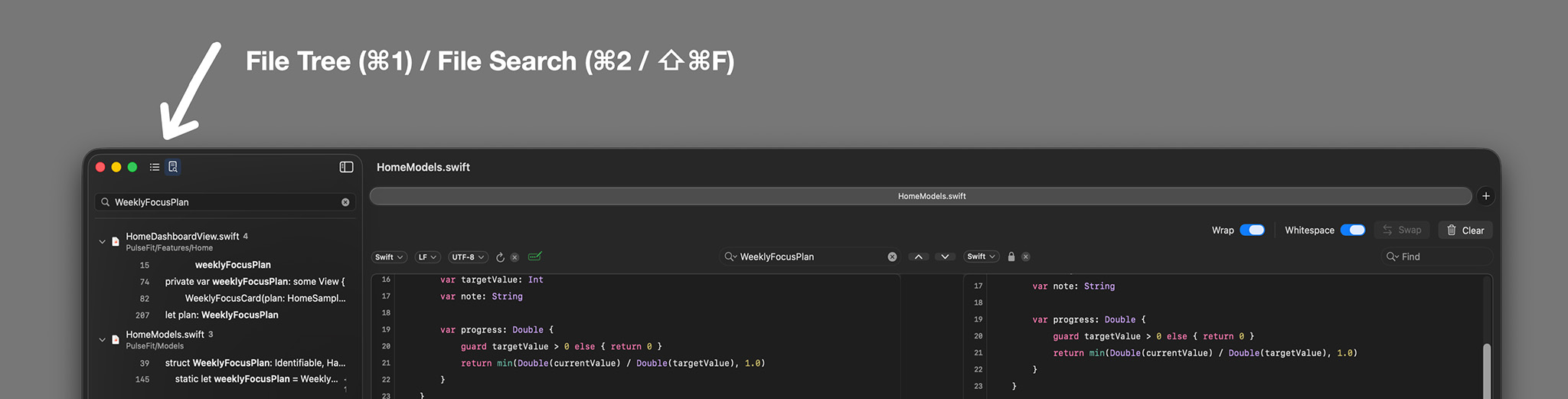 RibbonDiff Workspace file search showing grouped results